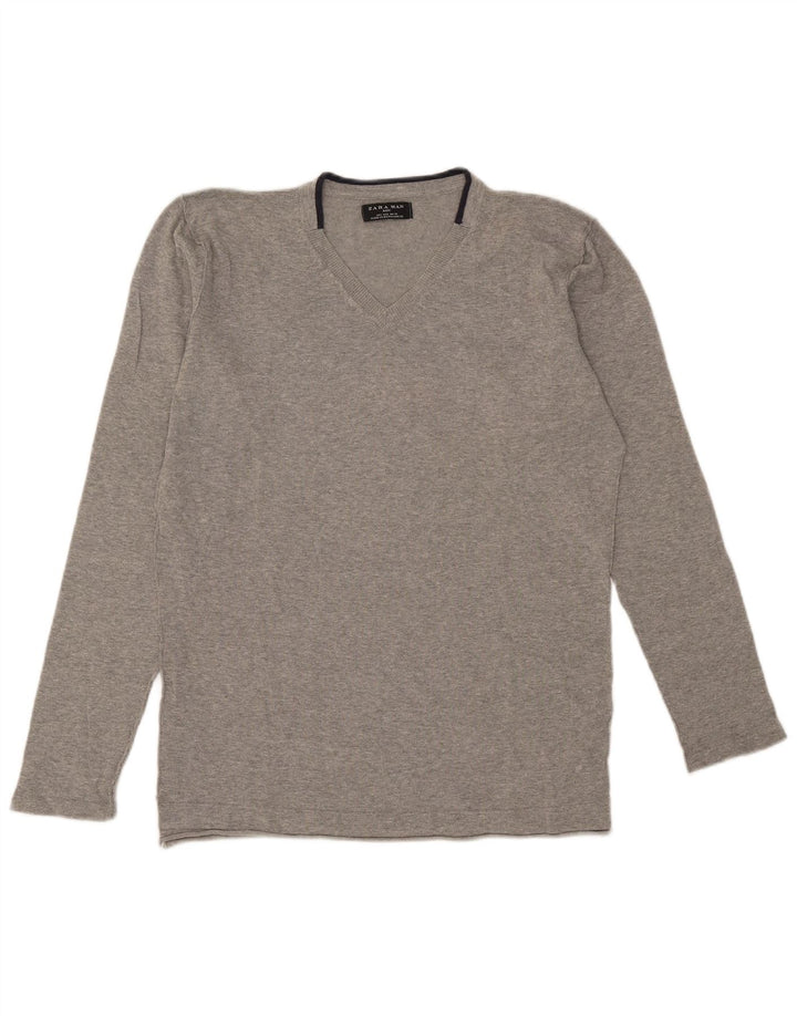 Zara Hombre Jersey Con Cuello En V Jersey Grande Gris Algodón