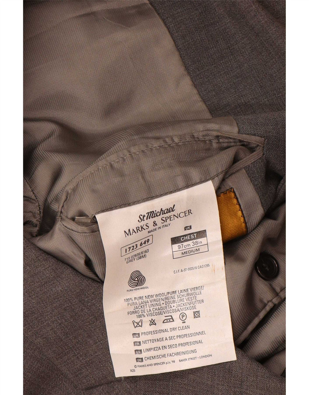 Marks & Spencer Chaqueta tipo blazer de 3 botones para hombre UK 38 Gris medio Lana virgen