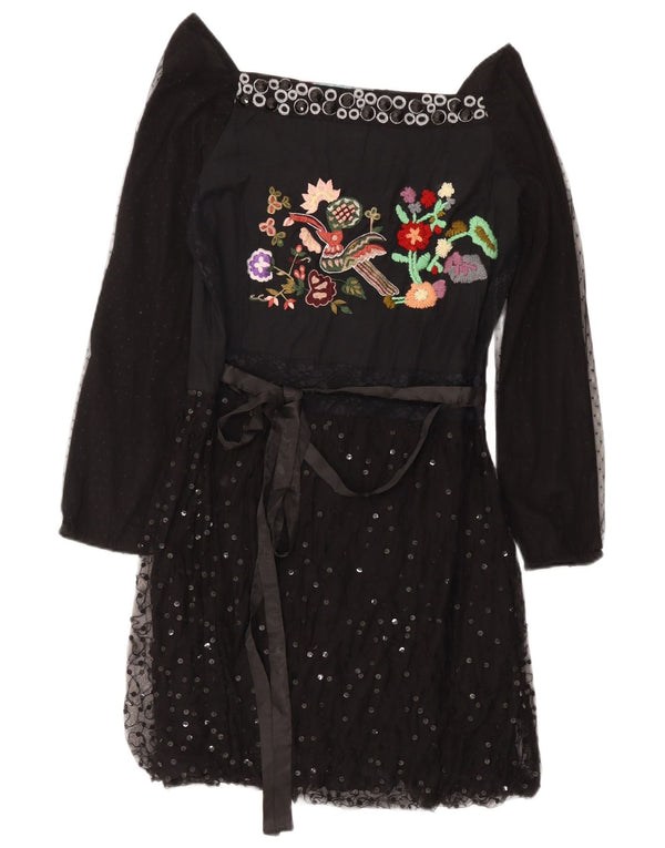 Desigual Vestido Acampanado Con Hombros Descubiertos Y Gráfico Para Mujer EU 42 Grande Negro Floral