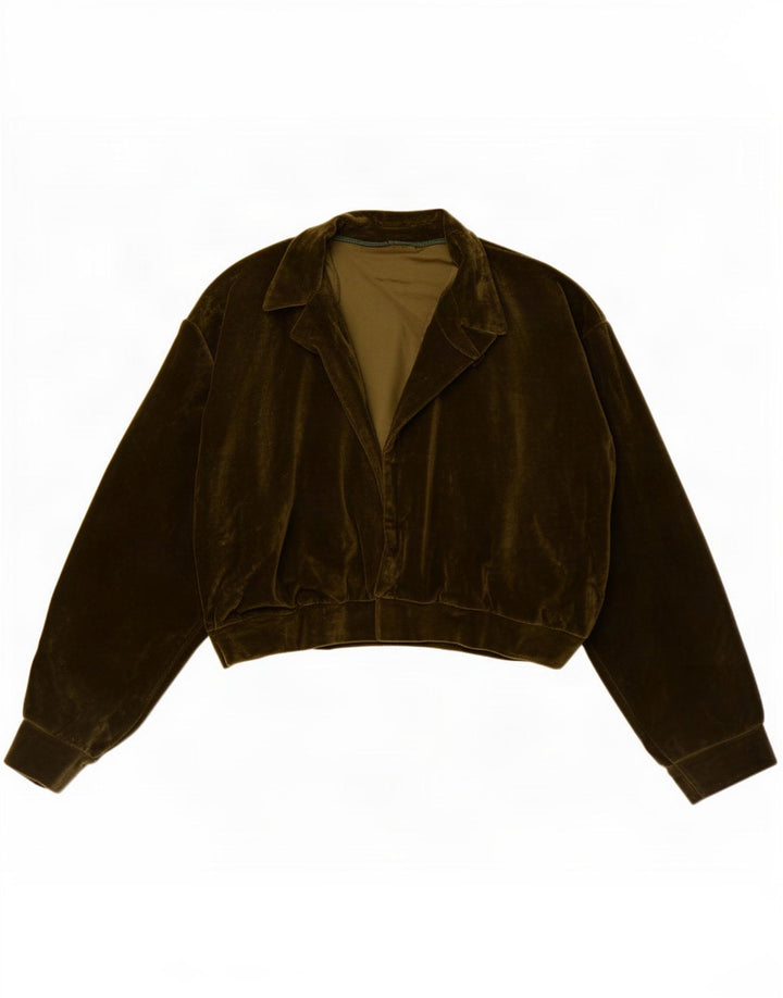 Vintage mujer abierta terciopelo bomber chaqueta Reino Unido 12 medio caqui