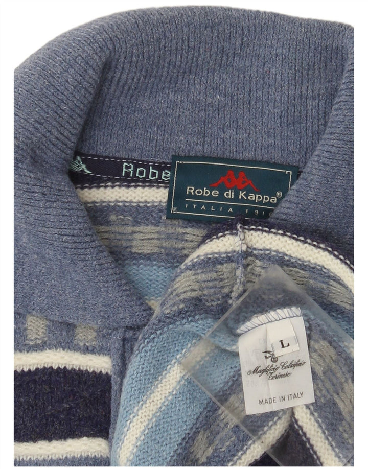 Kappa Hombre Polo Neck Jumper Sweater Large Lana A Rayas Azul