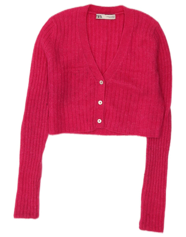 Zara Mujer Crop Cardigan Suéter UK 12 Medium Pink Nylon
