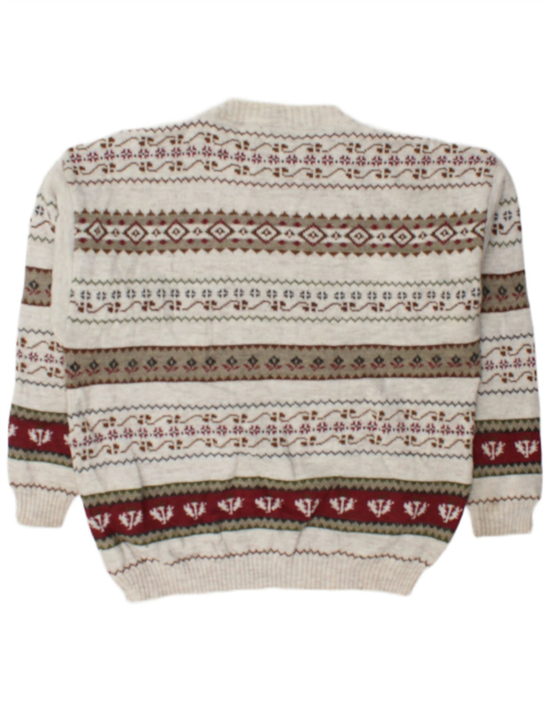 Vintage hombres cuello redondo jersey suéter grande de lana geométrica blanca