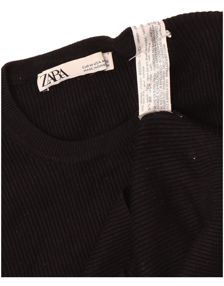 Zara Mujer Crop Top Manga 3/4 UK 42 Medium Viscosa Negra
