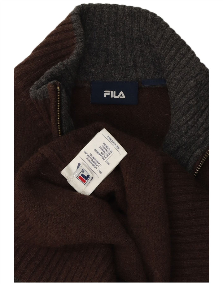 Fila Mens Zip Neck Jumper Sweater Large Brown Lambswool