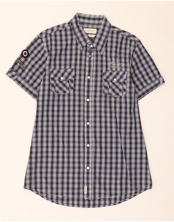 Fred Mello Camisa de manga corta para hombre de algodón a cuadros azul marino grande