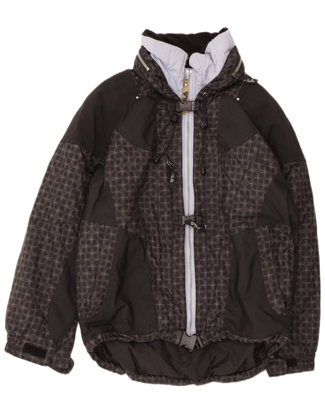 FILA Chaqueta de esquí con capucha de gran tamaño para mujer US 6 Mediana Negra Geométrica