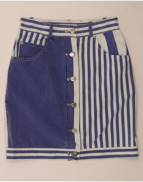 Vintage mujer mini falda lápiz Reino Unido 8 pequeño W26 azul marino rayas algodón
