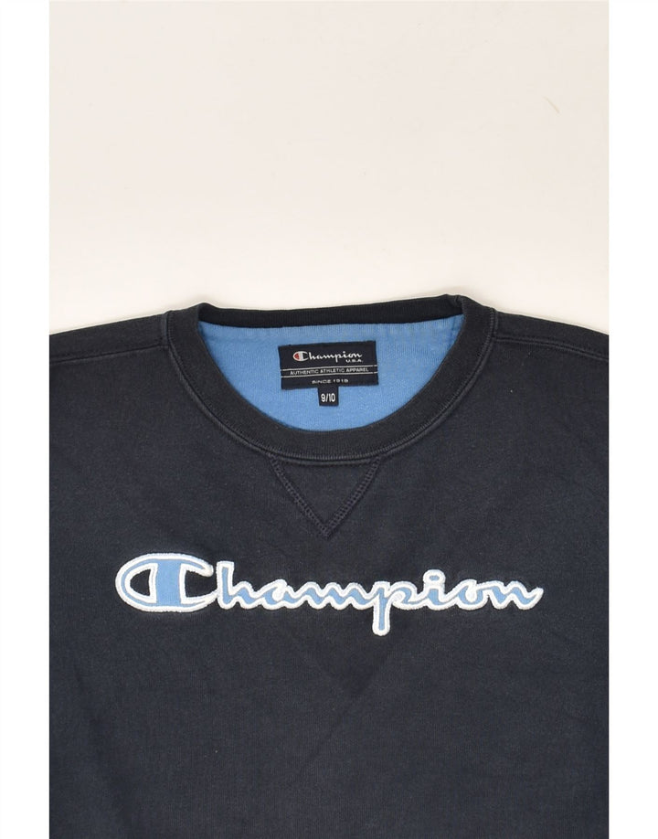 CHAMPION Boys Graphic Sweatshirt Jumper 9-10 Years Navy Blue Cotton | Vintage Champion | Thrift | Second-Hand Champion | Used Clothing | Messina Hembry 