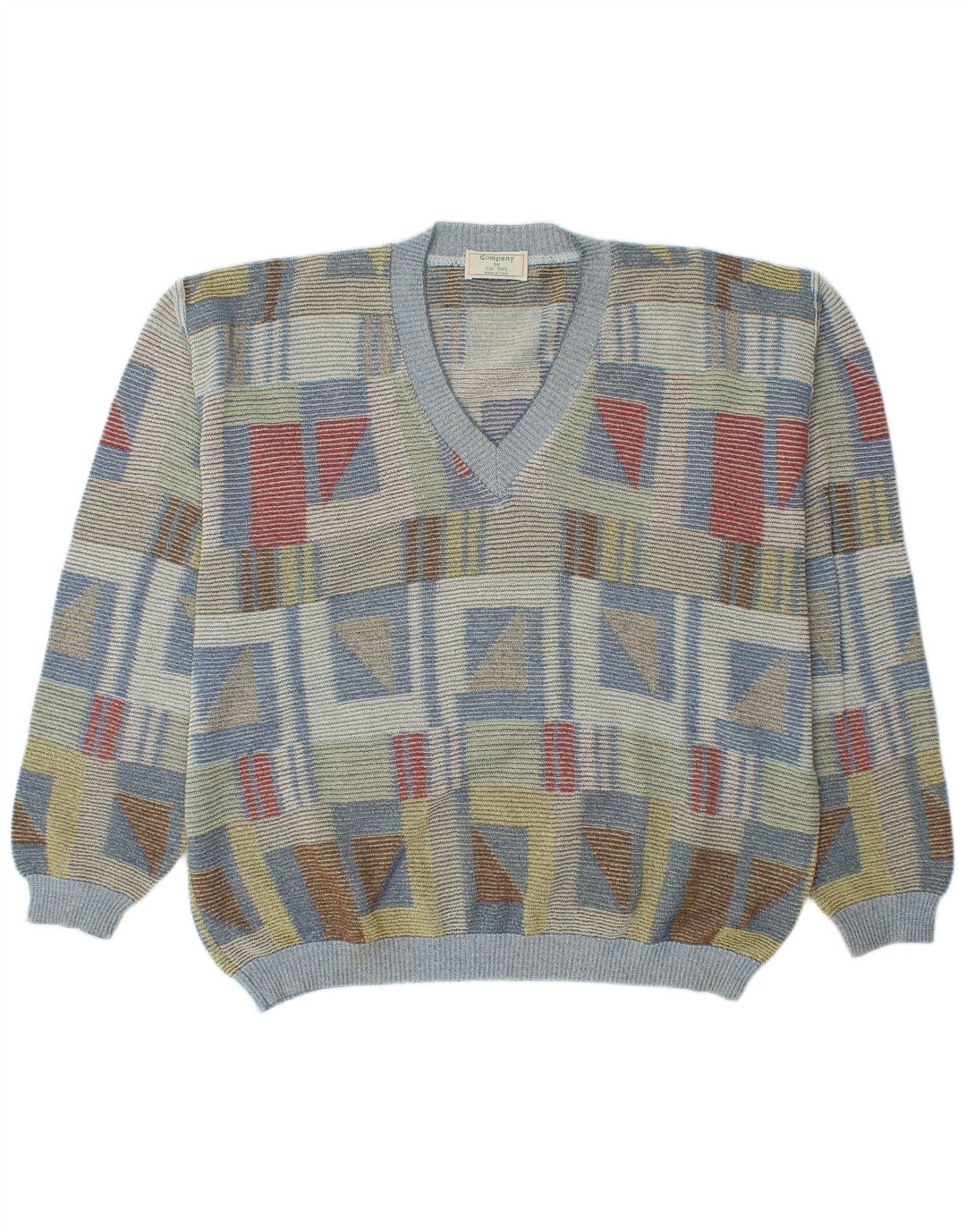 VINTAGE Hombre V-Cuello Jumper Suéter IT 52 Grande Multicolor Geométrico