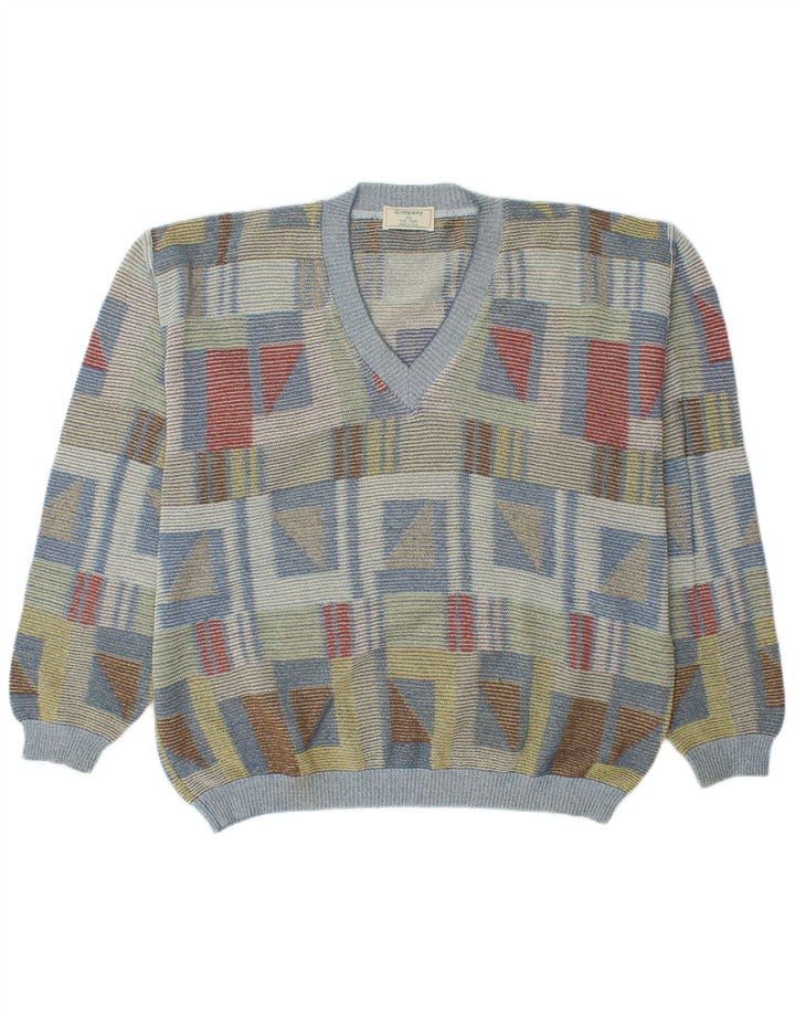 VINTAGE Hombre V-Cuello Jumper Suéter IT 52 Grande Multicolor Geométrico