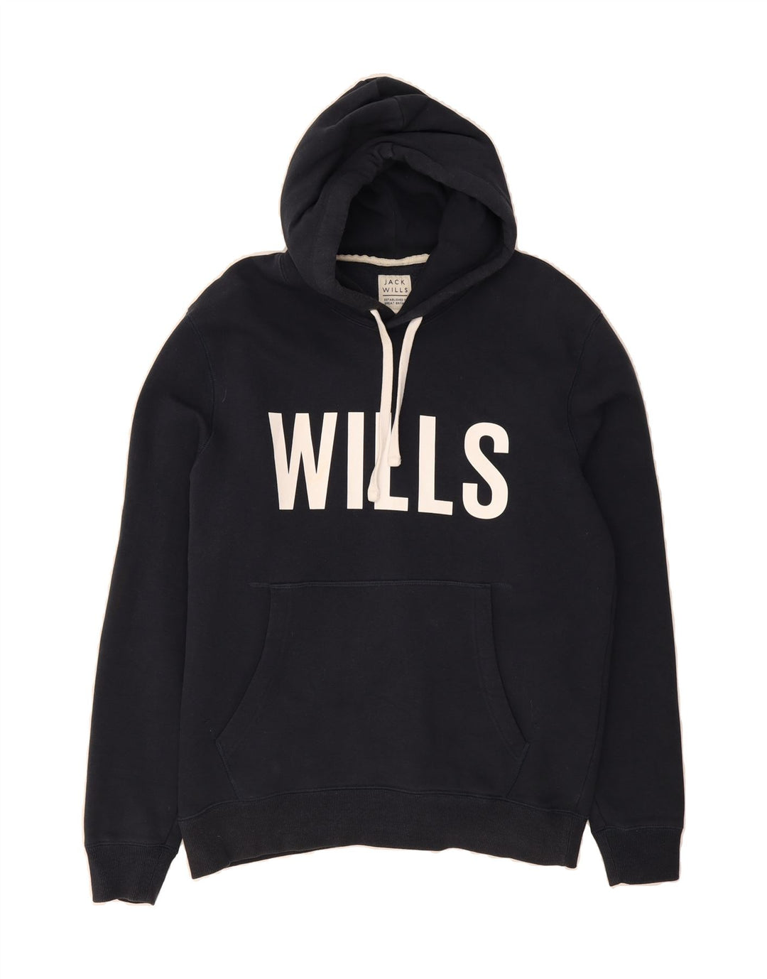 JACK WILLS Mens Graphic Hoodie Jumper Medium Navy Blue Cotton Vintage Jack Wills and Second-Hand Jack Wills from Messina Hembry 