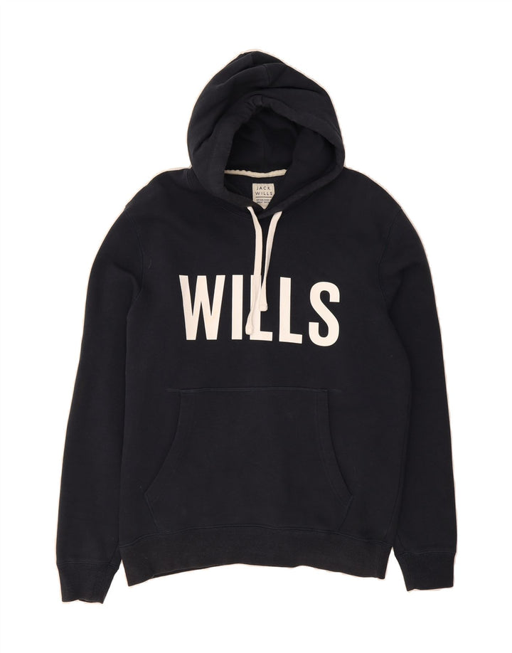 JACK WILLS Mens Graphic Hoodie Jumper Medium Navy Blue Cotton Vintage Jack Wills and Second-Hand Jack Wills from Messina Hembry 