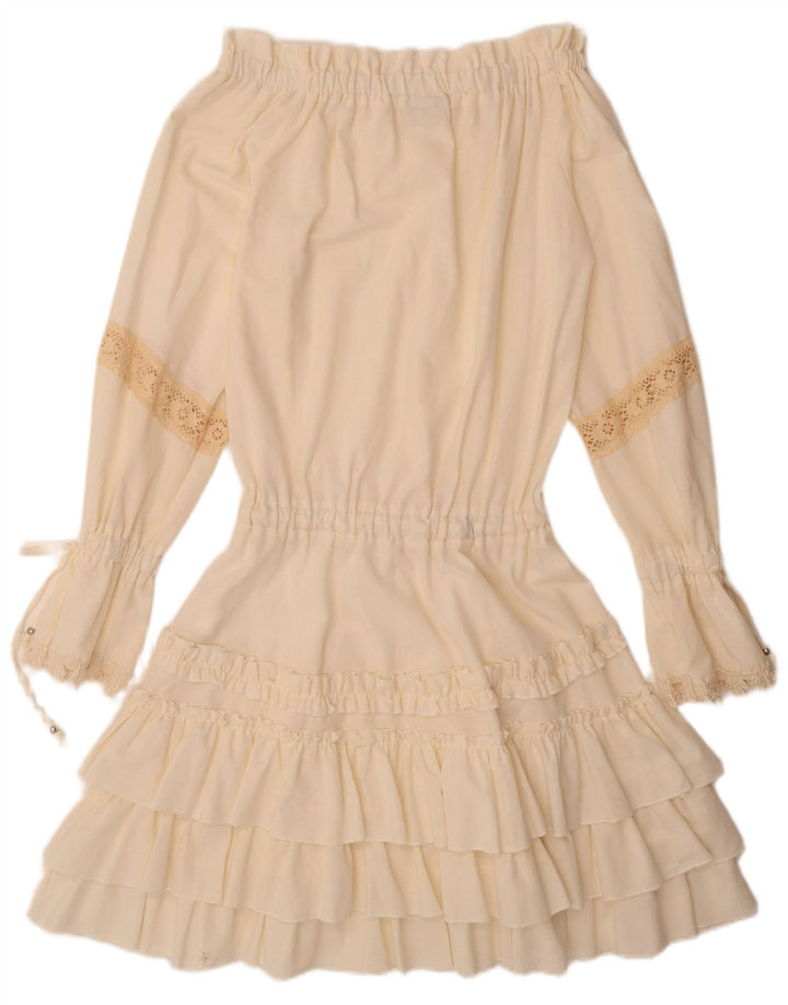 VINTAGE mujer manga larga fuera del hombro vestido Reino Unido 12 medio lino blanco apagado