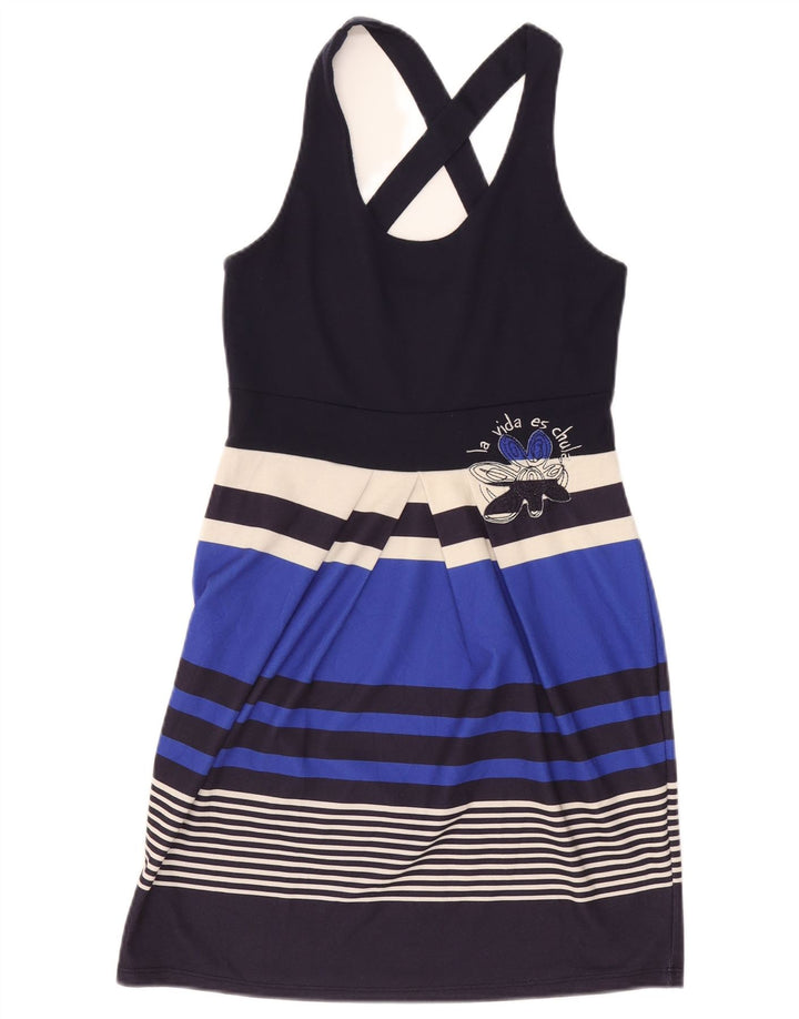 Desigual Vestido de tirantes gráfico para mujer UK 12 Poliéster a rayas azul marino mediano