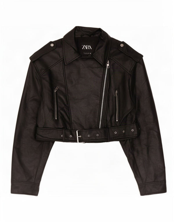 Zara Mujer Crop Chaqueta Biker De Piel Sintética UK 40 XL Poliéster Negro
