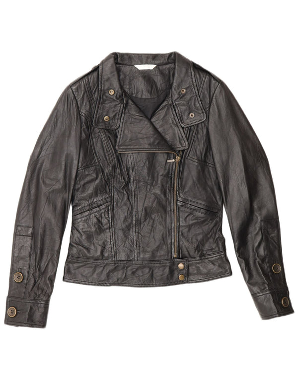 Promod Chaqueta motera de cuero para mujer UK 8 Small Black