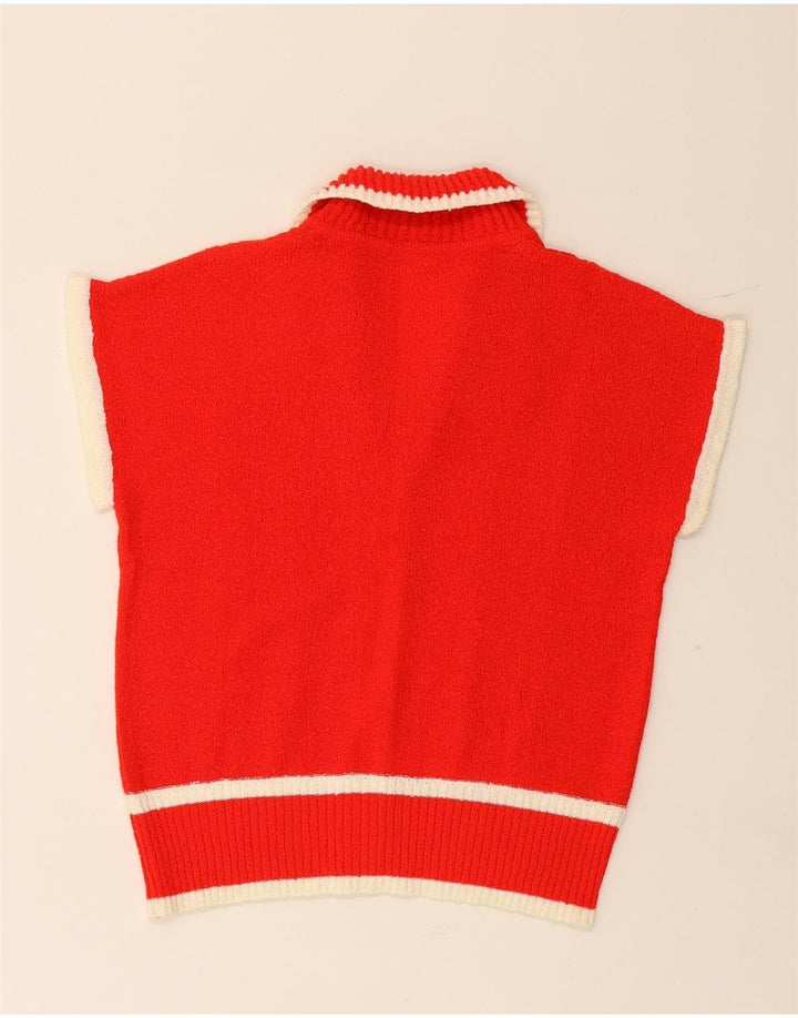 VINTAGE Mujer Crop Sin Mangas Cardigan Suéter Reino Unido 14 Rayas Rojas Medianas