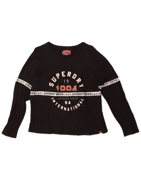 Superdry Mujer Graphic Top Manga Larga UK 40 Small Algodón Negro