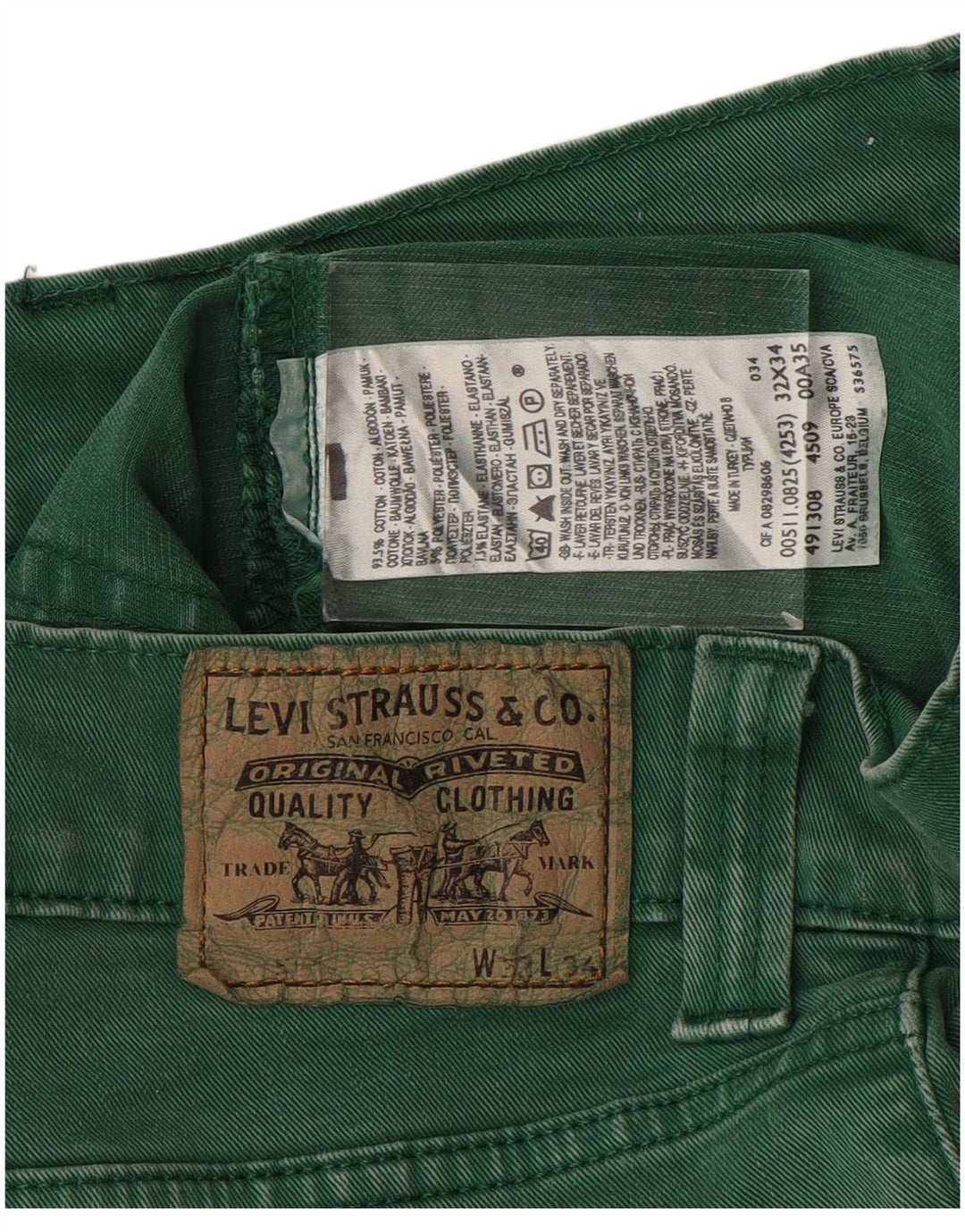 LEVI'S Mens 511 Joggers Slim Jeans W32 L29 Algodón Verde