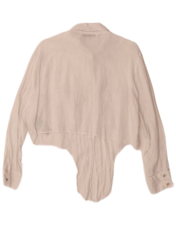 Zara Mujer Camisa Corta Con Lazo Frontal UK 40 XL Lino Blanco