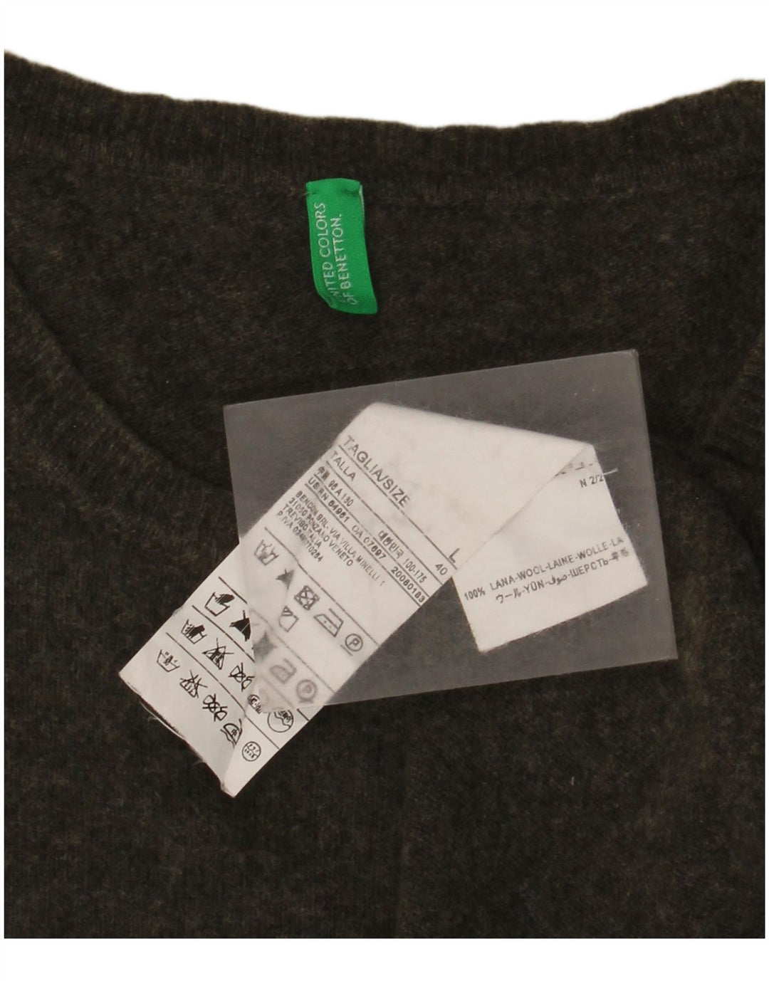 BENETTON Jersey de cuello redondo para hombre de lana caqui grande