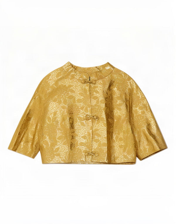 Vintage Womens Short Sleeve Bolero Top UK 14 Medium Gold Floral
