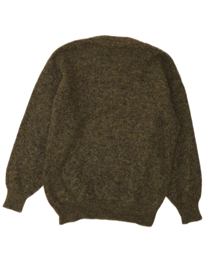 Vintage hombres cuello redondo jersey suéter medio caqui Argyle/Diamante