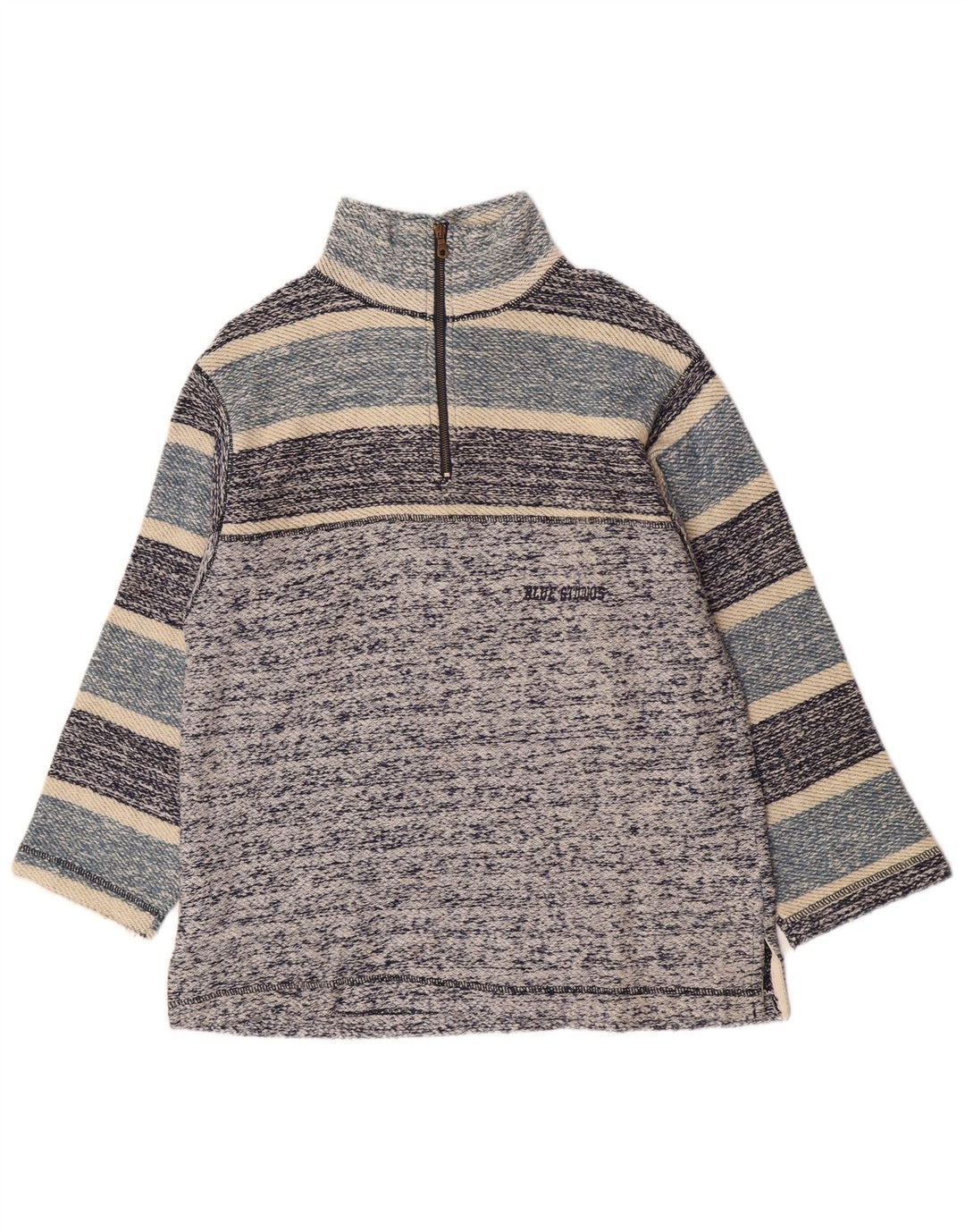 Vintage hombres 1/4 cremallera sudadera jumper medio azul rayas retro