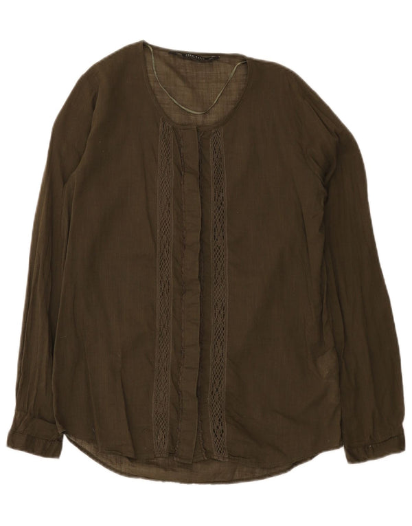 Zara Mujer Blusa Camisa Holgada UK 6 XS Algodón Caqui
