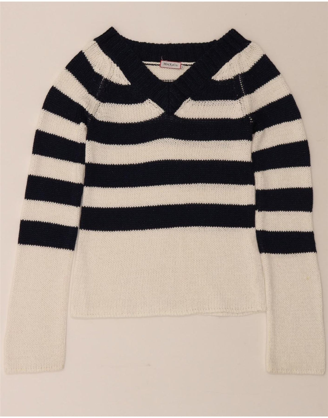 MAX & CO. Womens V-Neck Jumper Sweater UK 14 Medium Navy Blue Striped Vintage Max & Co. and Second-Hand Max & Co. from Messina Hembry 