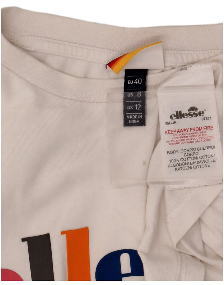 ELLESSE Camiseta corta con gráfico para mujer UK 12 Medium White Cotton