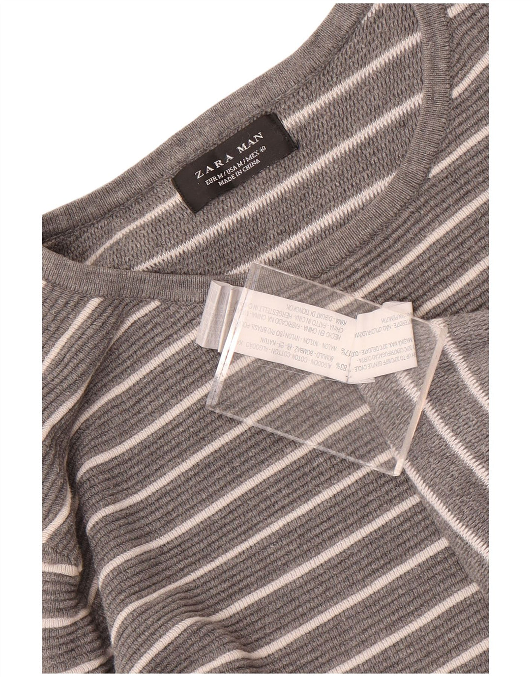 Zara Hombre Top Manga Larga Algodón Rayas Gris Medio