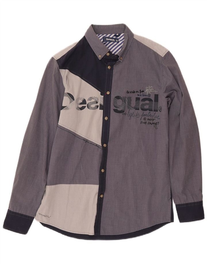 DESIGUAL Hombre Camisa gráfica Algodón color block azul marino medio