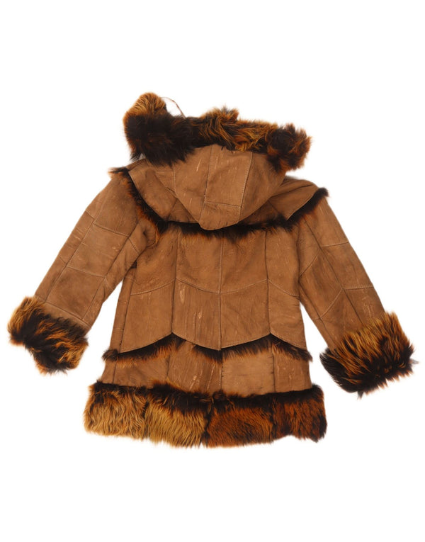 Chaqueta de piel de oveja con capucha para niñas vintage 7-8 años Marrón