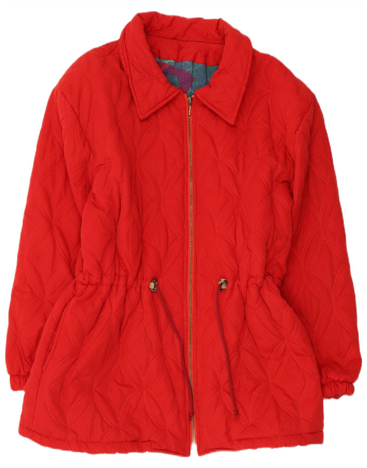 Vintage mujer acolchado cortavientos abrigo Reino Unido 14 viscosa roja mediana