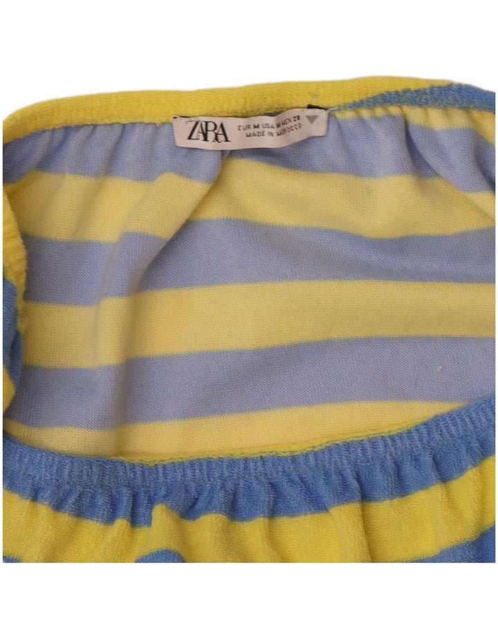 Zara Mujer Mono Corto Sin Tirantes UK 42 Algodón A Rayas Azul Medio