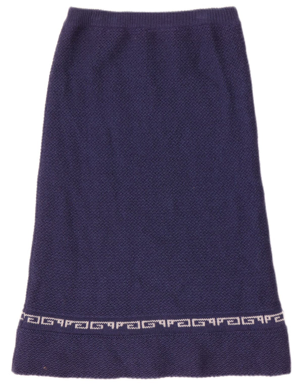 Vintage mujer punto midi falda W26 pequeño azul marino geométrico