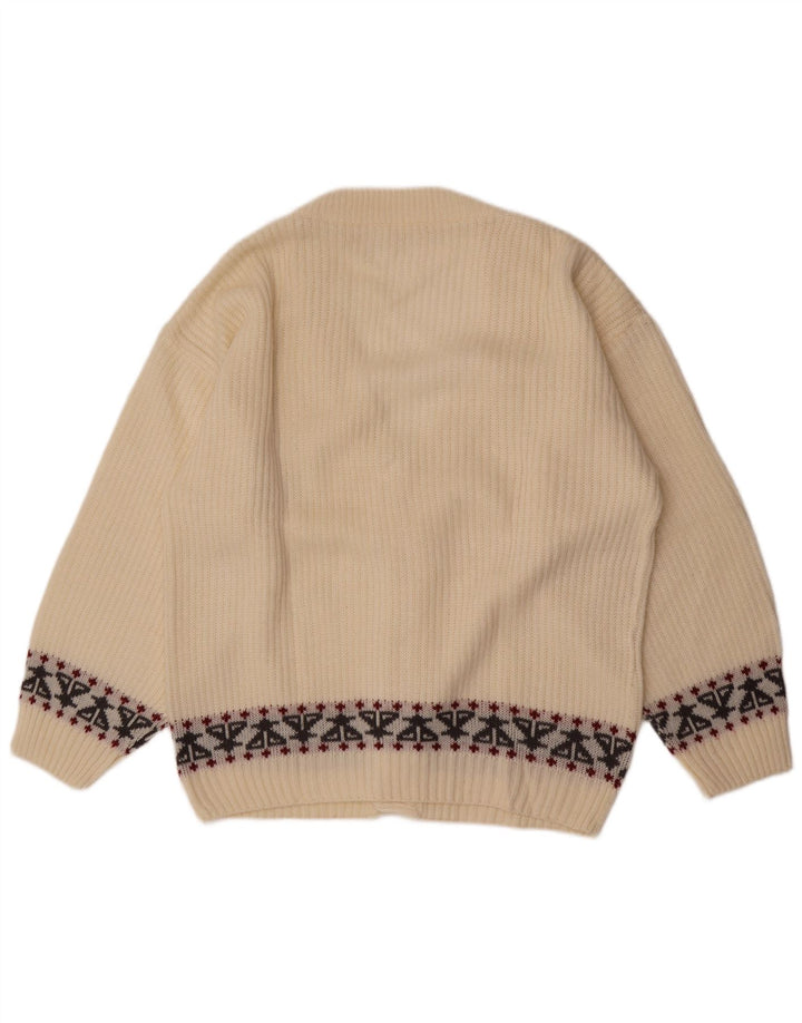 Vintage hombres Cardigan suéter medio blanco Fair Isle
