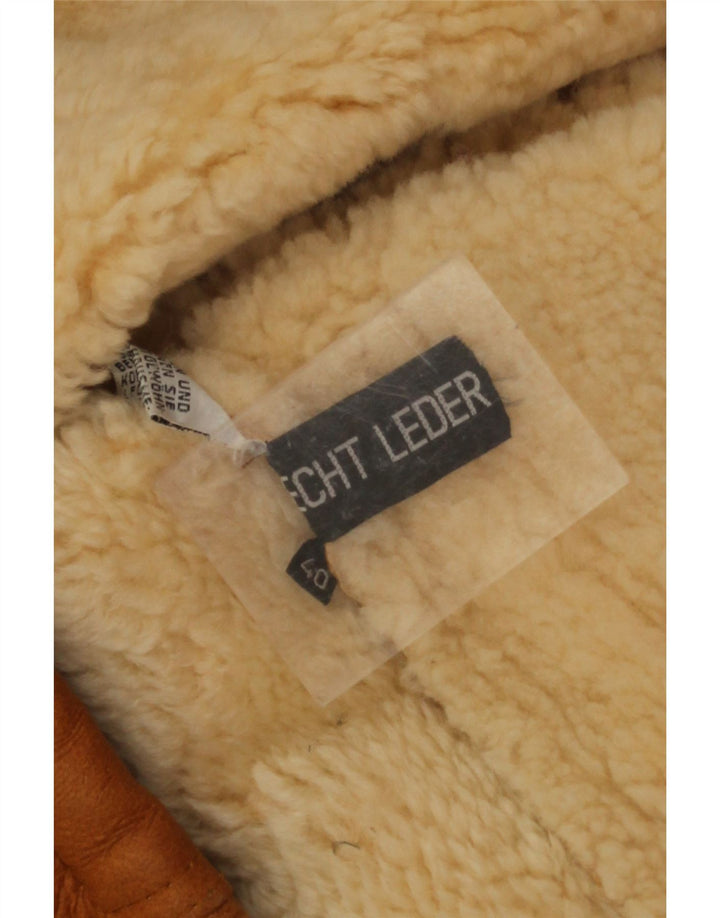 Vintage mujer de gran tamaño con capucha chaqueta de piel de oveja EU 40 cuero beige medio