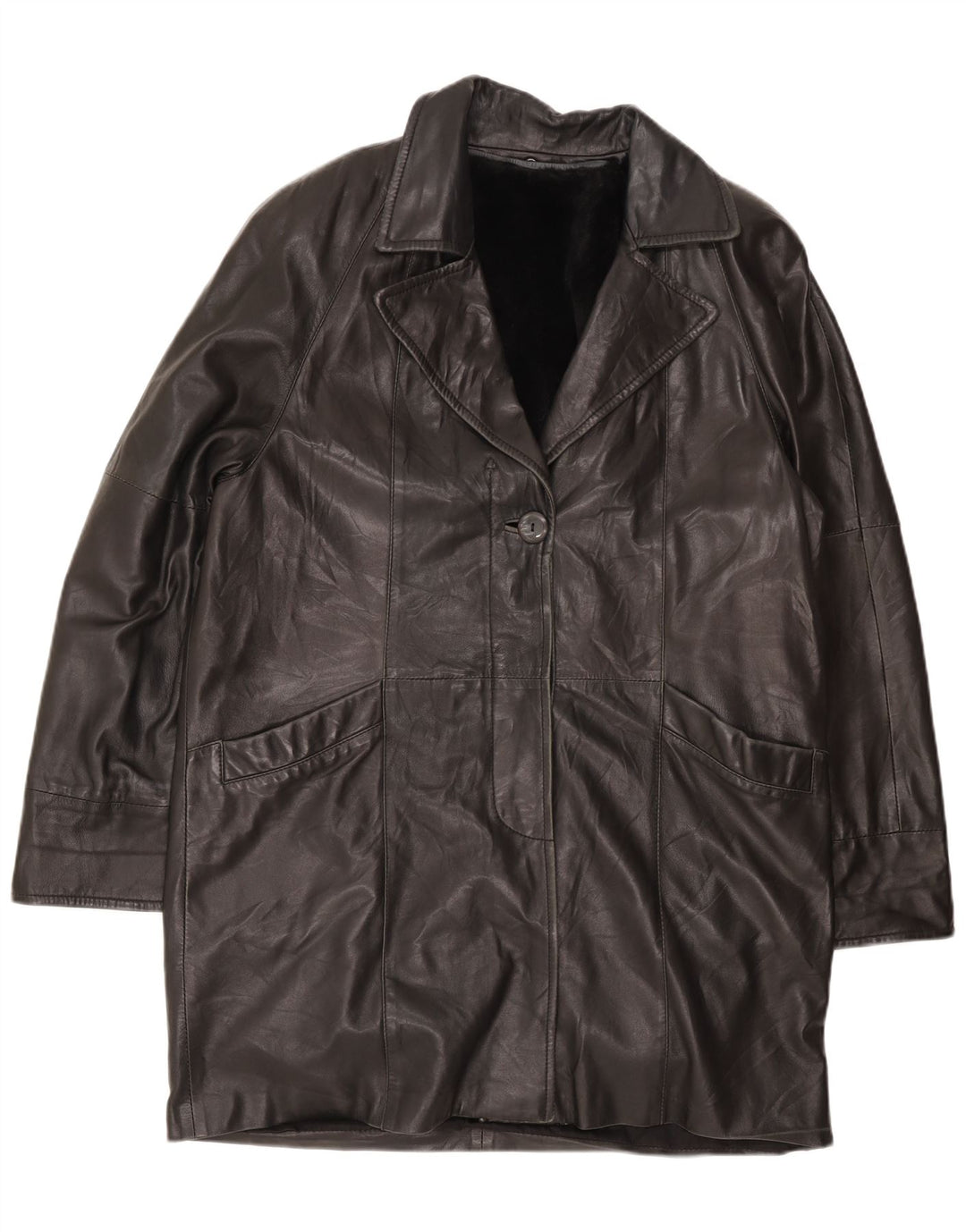 Vintage mujer cuero abrigo Reino Unido 16 grande negro