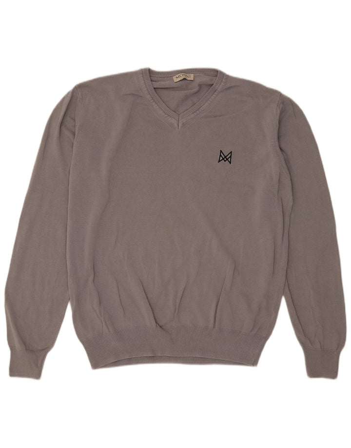 Vintage hombres V-cuello jumper suéter grande gris algodón