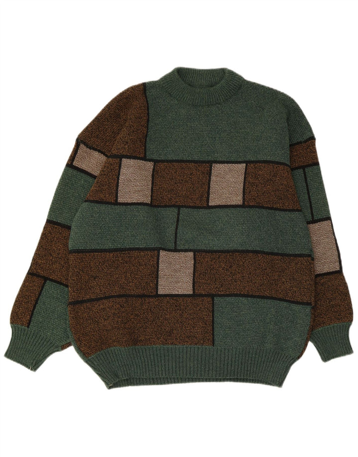 Vintage hombres tortuga cuello jersey suéter medio verde colorblock