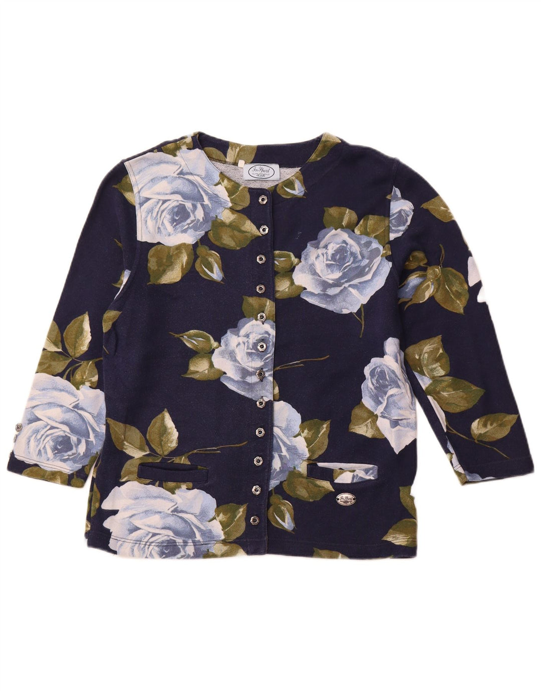 VINTAGE Chaqueta Blazer de Manga 3/4 para Mujer IT 44 Medio Azul Marino Floral