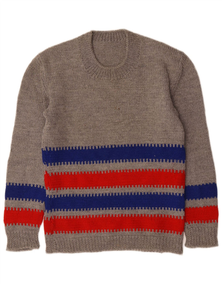 Vintage mujer cuello redondo jersey suéter Reino Unido 14 gris medio rayas