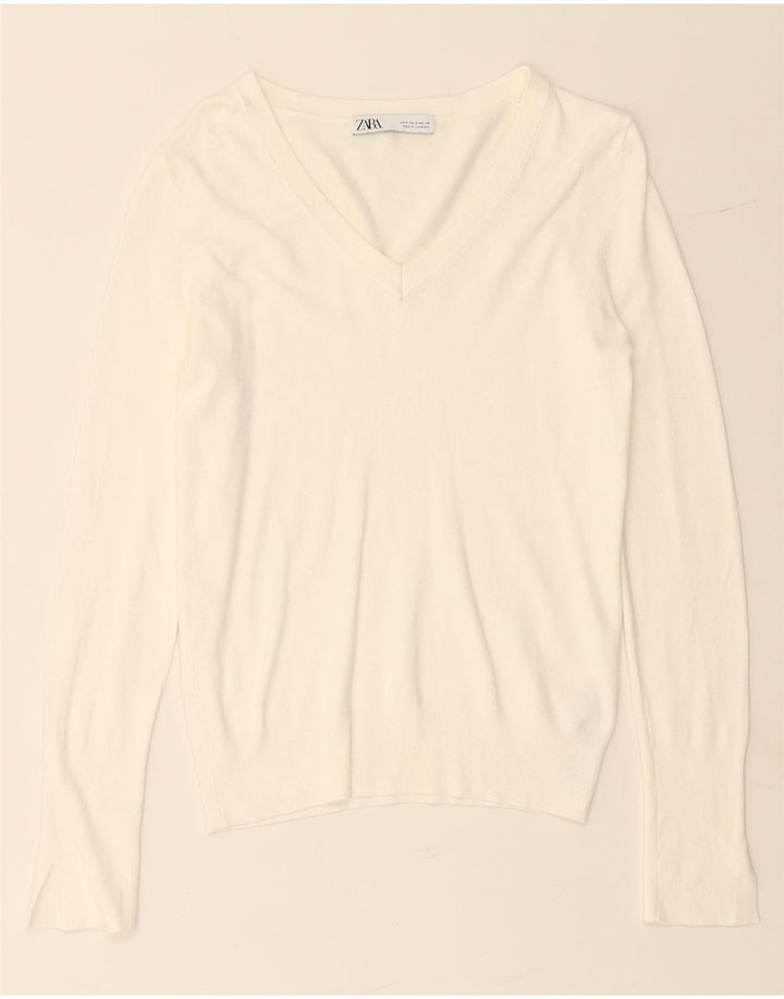 ZARA Jersey con cuello en V para mujer UK 10 Small Viscosa blanca