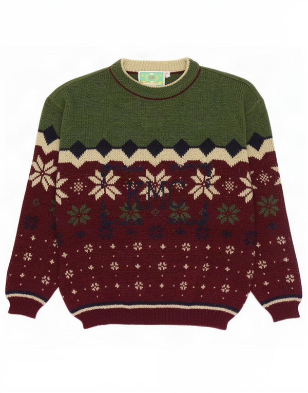 Vintage hombres cuello redondo jersey suéter XL verde feria isla lana