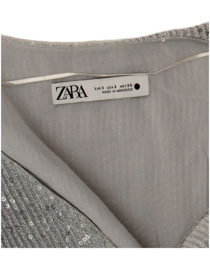 Zara Mujer Crop Top Manga Larga UK 10 Small Plata