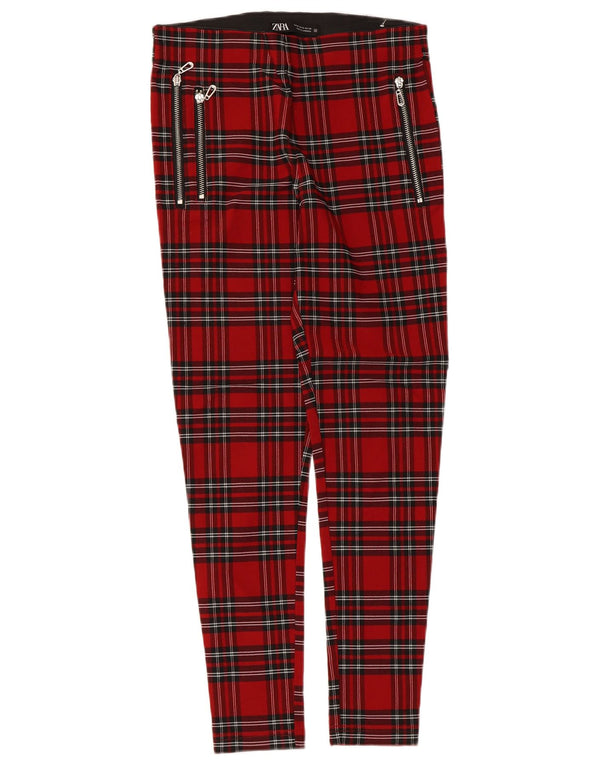 Zara Mujer Pantalón Casual Slim Medium W28 L26 Viscosa A Cuadros Rojos