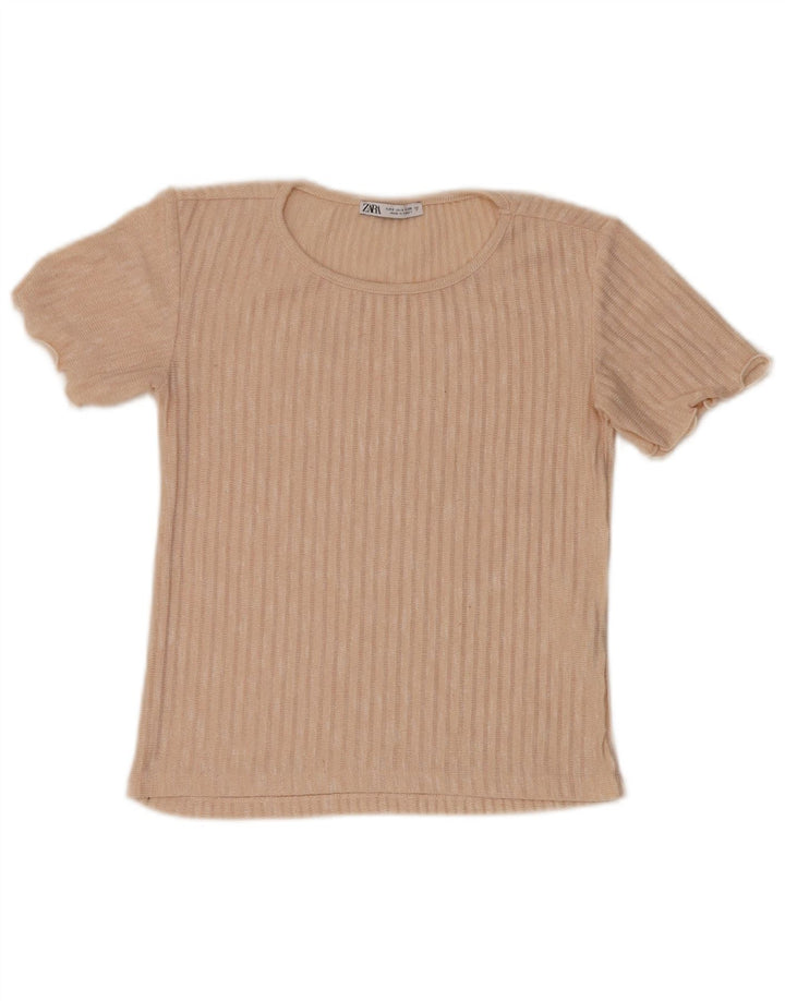 Zara Mujer Blusa Top UK 10 Small Beige Poliéster A Rayas